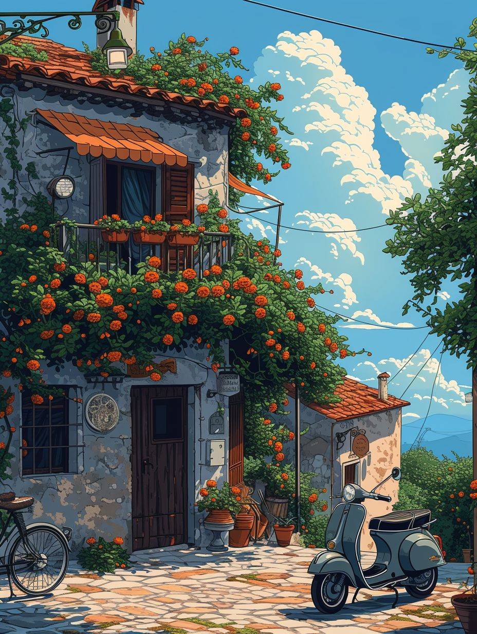 マット・ボースの漫画キャラクター、前にスクーターがある古いベーカリー建物。 ロマンチックな魅力、地中海のような、村のようなコア、sacricore、ロマンチックな雰囲気、アブサン文化、アンティークの影響