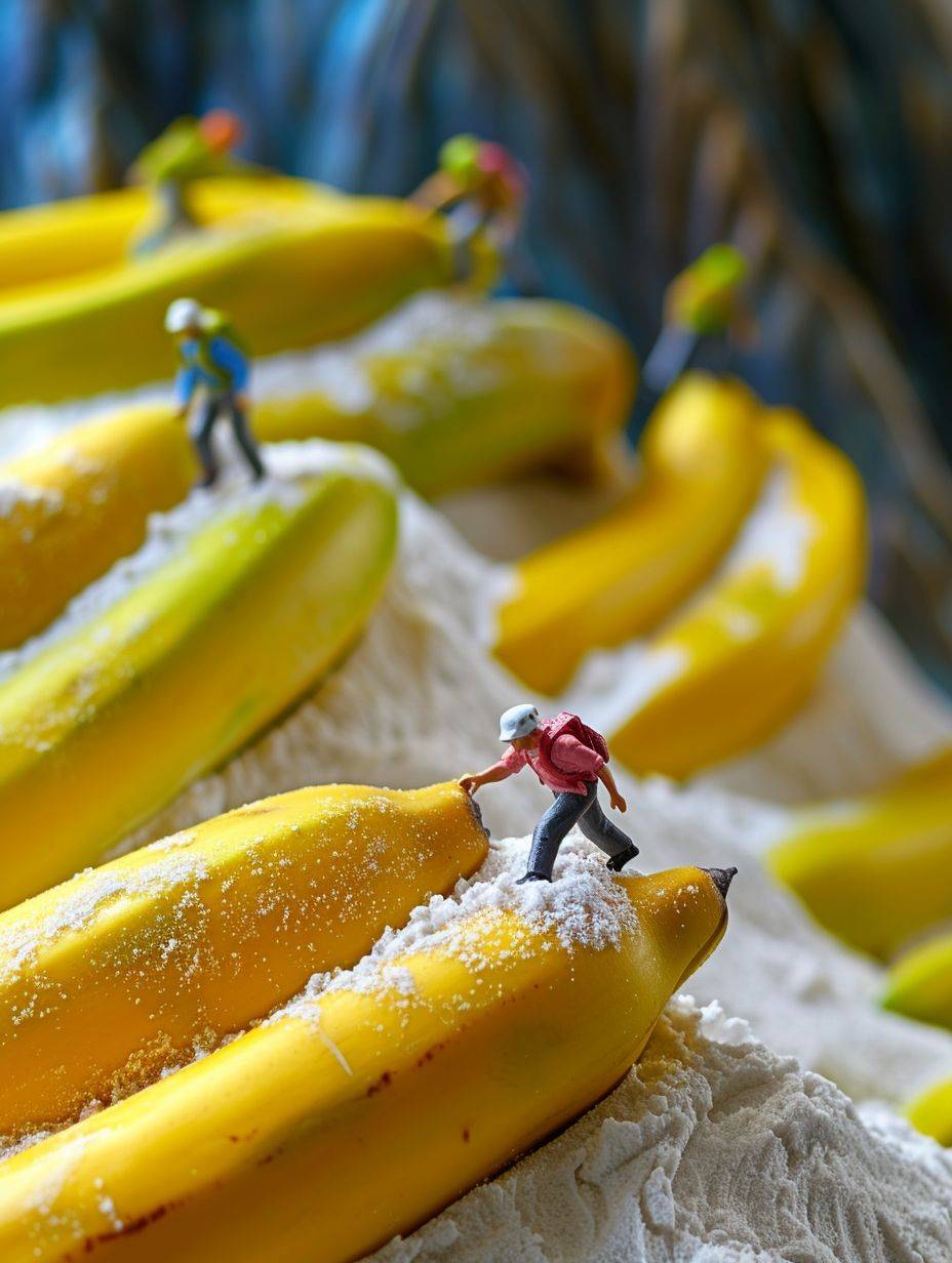 Little people climb the banana mountains, roads made of flour, miniatures, porters, games, fantasy landscape style, macro art, miniature cores, highly creative images, miniature creative photography, colorful animated stills, grocery art, minimalist figures, kawaii punk, advertising posters