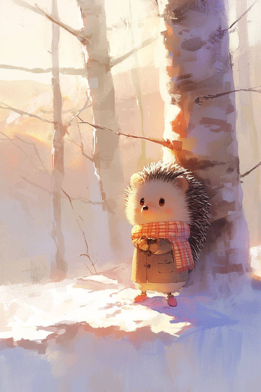冬の風景の中でコートとマフラーを着用したかわいい小さなハリネズミが木のそばに立っています。柔らかい、ぼやけた筆使いとミニマリストな背景、アニメーションのようなアート、Xbox 360 グラフィックス。