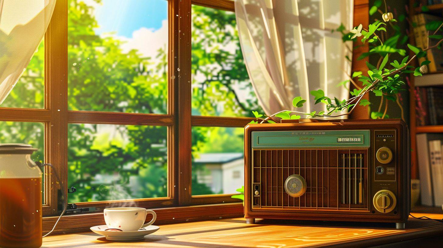 Close-up of vintage radio, Japanese house, beautiful day, window, morning, cozy room, table, a coffee cup, digital painting, anime background