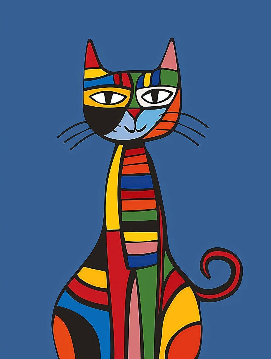 シンプルな全身キャラクターの猫イラスト、青い背景、キース・ヘリング風のドゥードル、シャーピーイラスト、太い線と鮮やかな色、シンプルなディテール、ミニマリスト 3:4アスペクト比