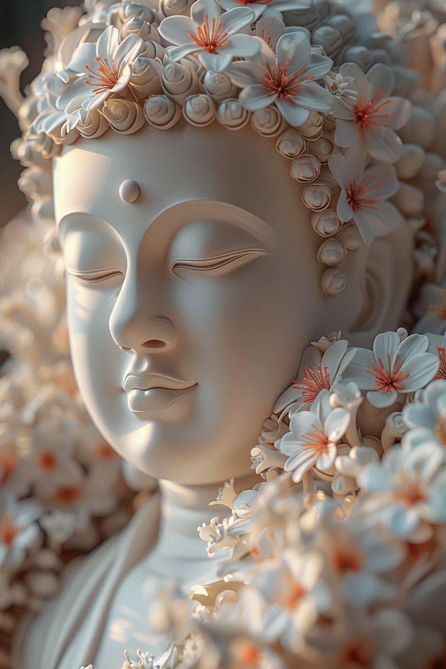 A beautiful white Buddha with flowers, in the style of macro zoom, daz3d, dark beige, HD, carving--chaos 20 --style raw --ar 2:3 --stylize 1000