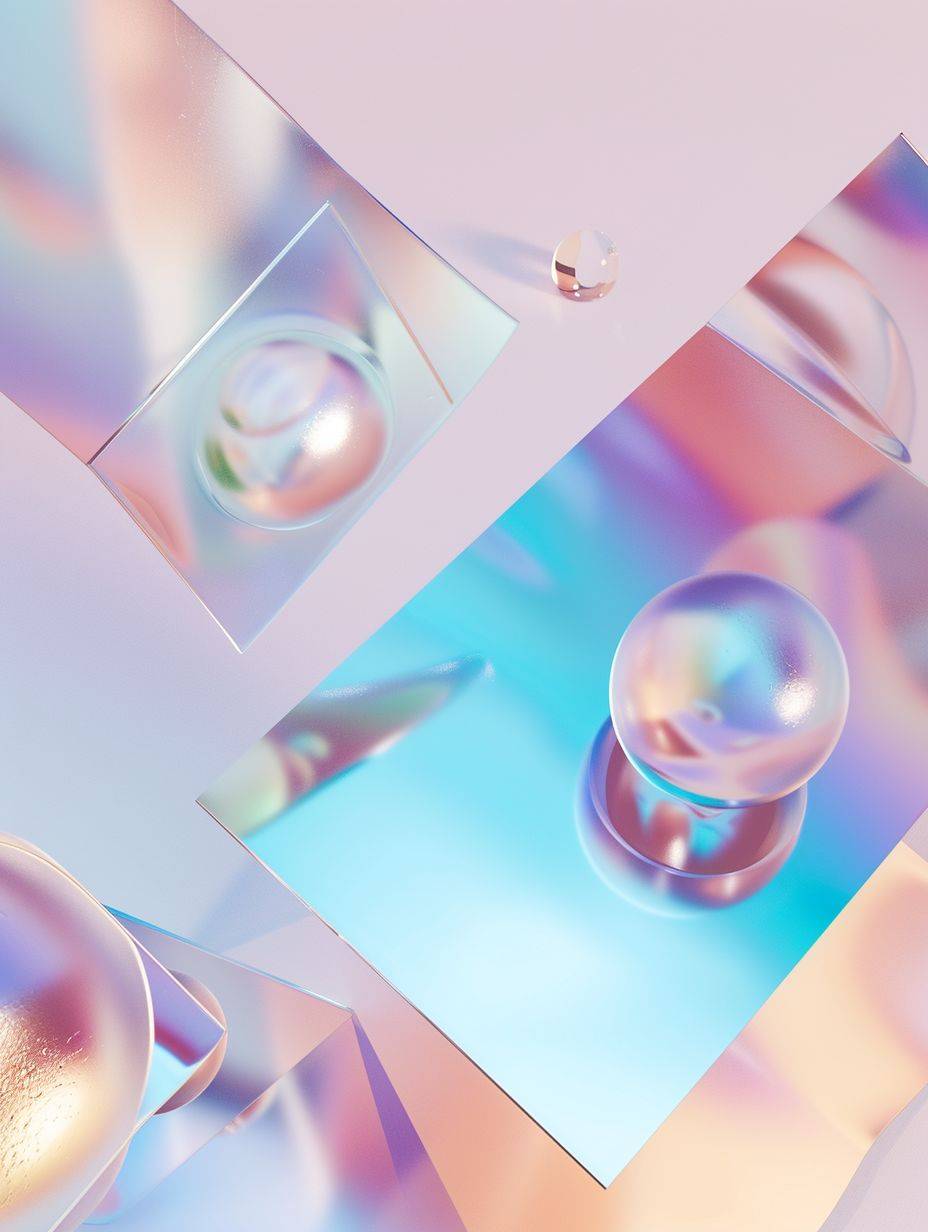 Business card mockup, on floating 3D iridescent glass, organic forms, light refraction