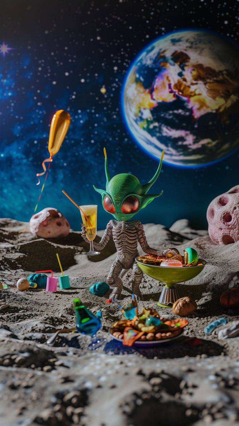 Subject - Aliens having a BBQ party on the Moon Style - Realistic Professional Photography: Emulating the aesthetic and atmosphere of a realistic scene featuring aliens on the Moon Setting - Lunar surface with Earth visible in the background, portraying an otherworldly atmosphere Composition - Featuring a group of aliens enjoying a BBQ party, with vibrant colors and a celebratory mood Camera Model - Canon EOS-1D X Mark III to capture high-quality, detailed images of the lunar scene and alien festivities Additional Info - The image aims to depict a realistic scene of aliens having a BBQ party on the Moon, complete with alien food and drinks, celebrating in a joyful atmosphere. --ar 9:16 --v 6