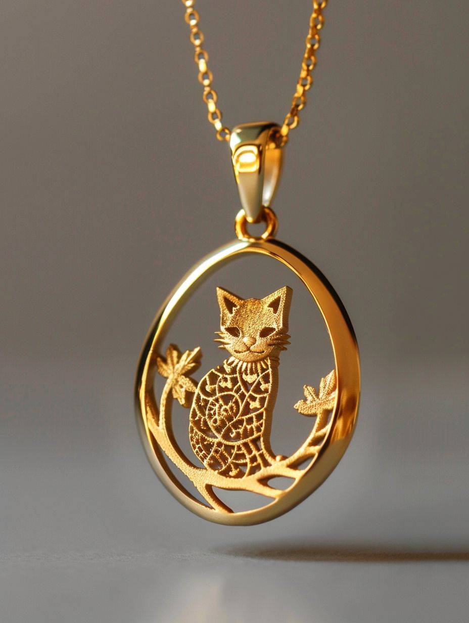 A gold pendant features a cute cat, in the style of cut-out silhouettes, conceptual elegance, metallic finishes, contest winner with an aspect ratio of 3:4