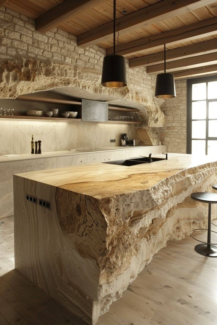 kitchen island made of travertine marble, hyper realistic