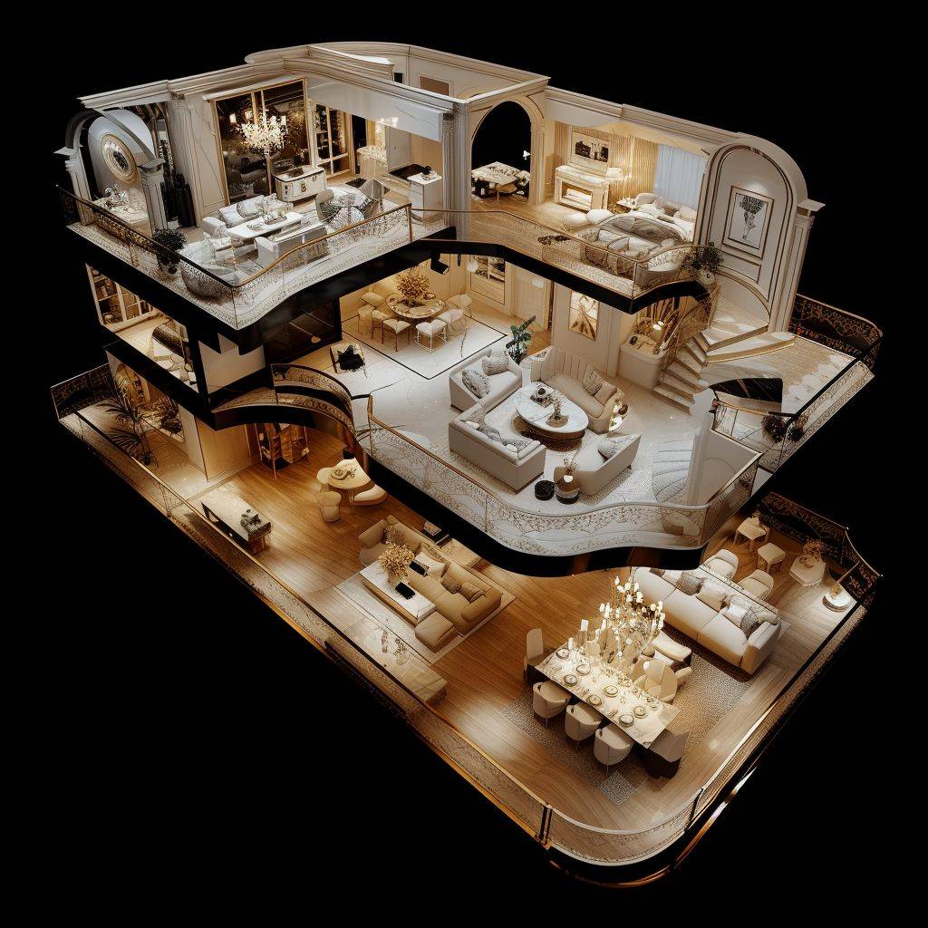3D scan of a flat house with the floor plan and furniture, in the style of luxurious and sophisticated themes, domestic scenes, realistic and hyper-detailed renderings, dark ivory and light gold, cute and dreamy