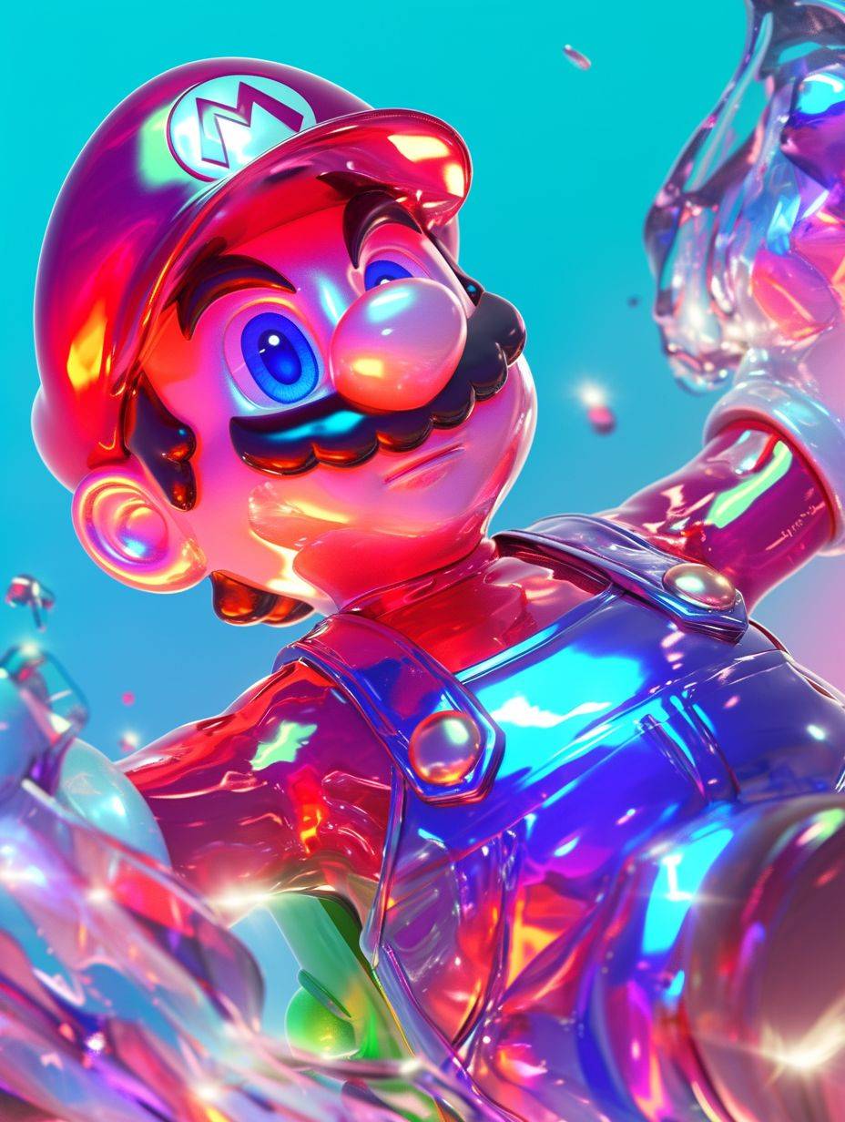 Super Mario wearing a semi-transparent fluorescent holographic raincoat, body, colorful background, pouncing. Lens, extreme close up, focus on face, IP by POP MART, blind box, combine, info, diamond, metallic