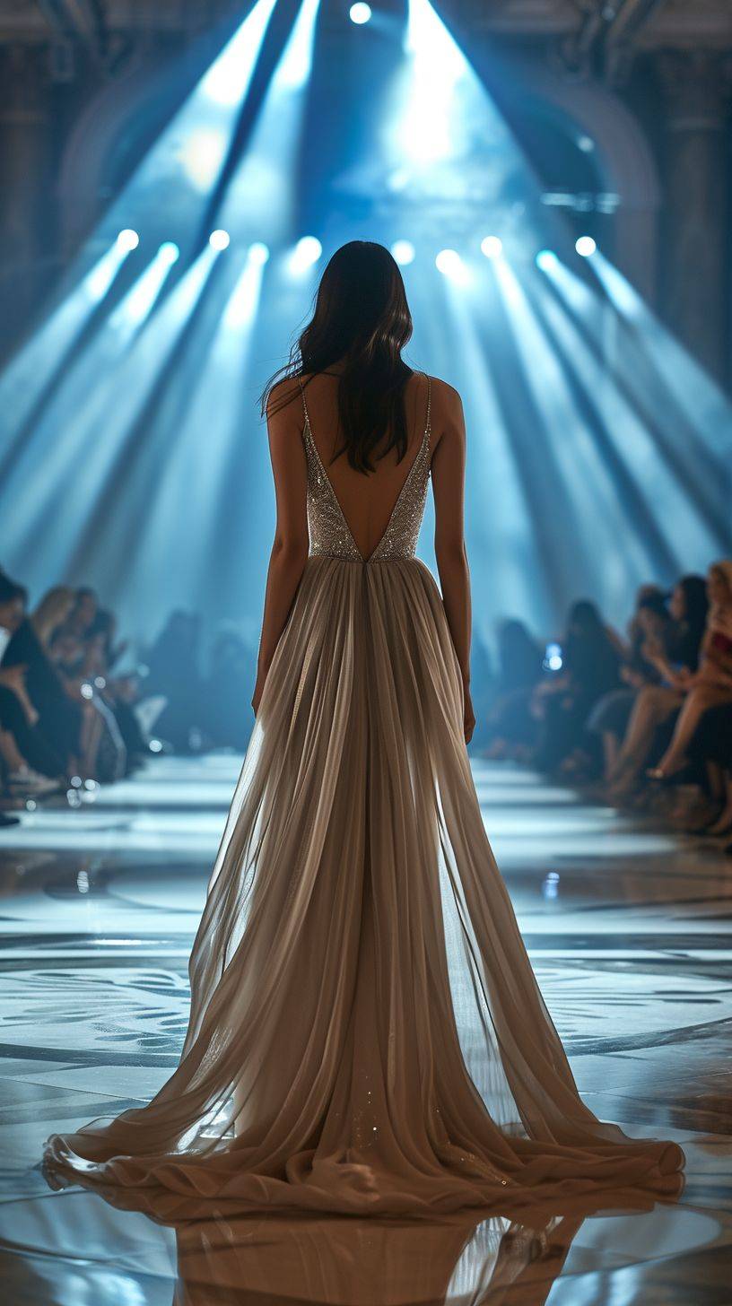 masterpiece | best quality | gorgeous female model | standing at the end of a runway | fashion show in the background | stunning AND elegant full length dress | sharp focus | highly detailed | 4k uhd | cinematic lighting