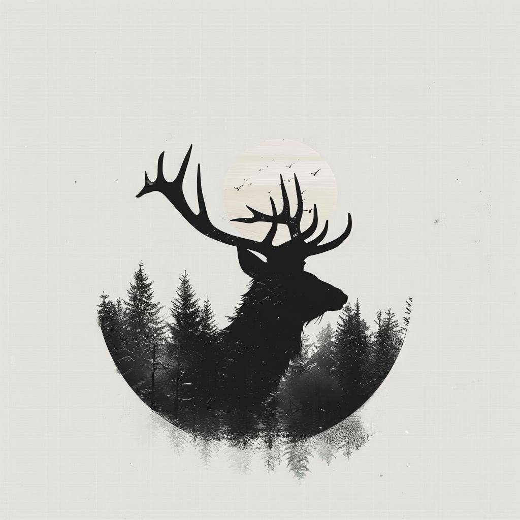 [Silhouette of a male deer in front of a beautiful forestscape], white background, in the style of retro, screen printing, SVG logo, minimalist, black and white, iconic, bold and angular, stark black and white, hard edge, bibliopunk --style raw --stylize 250