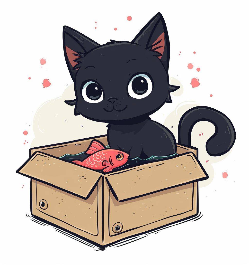 アニメーションgifのスタイルで箱に座っている可愛い黒猫と魚、表現豊かなフォーム、ベビーコア、ほつれ、真実主義、ホコリの山、白い背景