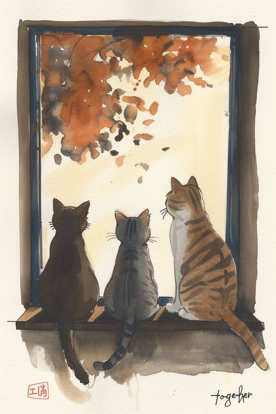 Three cats sitting together on a window ledge, first cat on the right is brown tabby, the cat in the middle is a grey tabby, the 3rd cat is grey with white paws, on shimmering dark amber white surface, charming yet childishly simple minimalistic storybook style, referential stippling art, Kiichi Okamoto, Tomoyoshi Murayama, gouache brushwork mixed with grainy woodblock print, playful hand-drawn gesture, abstract hatching lines and detail, kawaii chibi ukiyo-e, bold pop art aesthetic, vibrant colors, handwritten title "Together Forever"