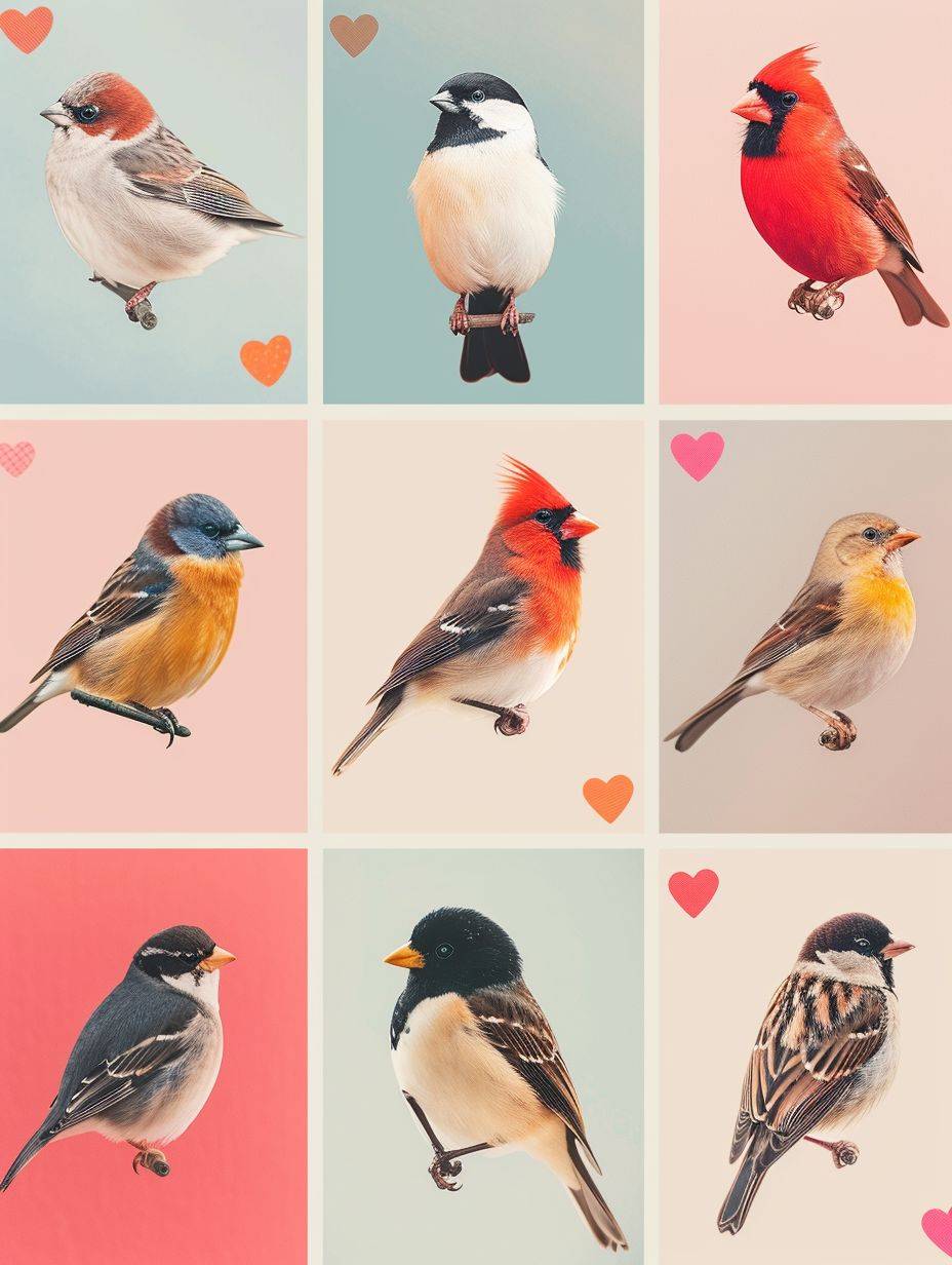 A grid of cute, funny, sweet Valentine's Day cards for elementary school, no text, Sparrows style, aspect ratio 3:4, 6 cards