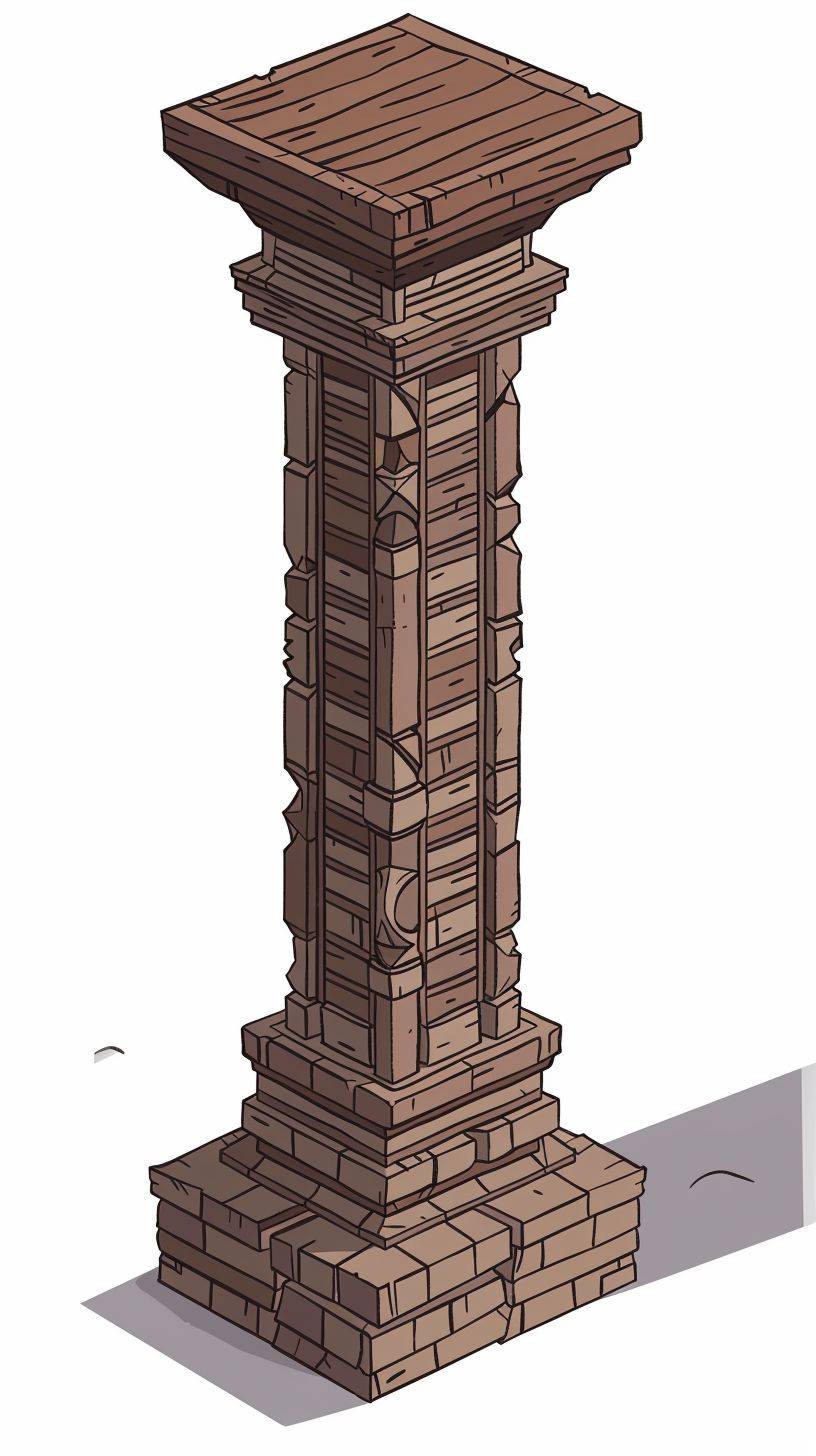 a single isometric pillar made of wood, Detailed, Isometric, detailed, Studio Ghibli style, anime style, isometric, line art style