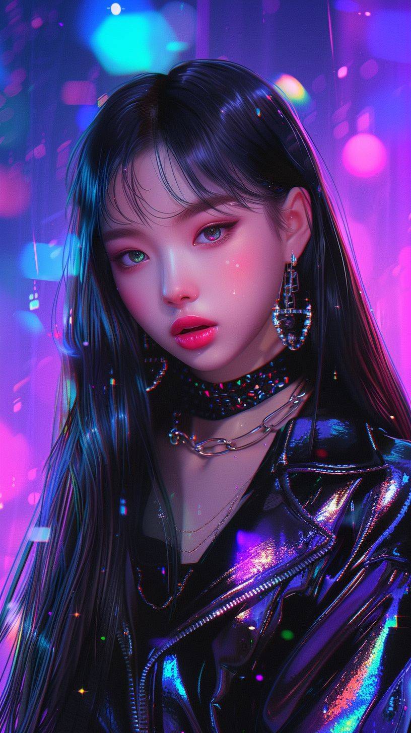 K-pop girl, wearing a chubby bodysuit, anime waifu, looking at viewer, highly detailed, Gel coat, reflections transparent iridescent colors, long transparent iridescent RGB hair, art by Serafleur from artstation, thick acrylic, illustration on pixiv, waist up portrait, gorgeous sacred girl, best quality, ultra detailed, sad, clever, beautiful face beautiful light on black background