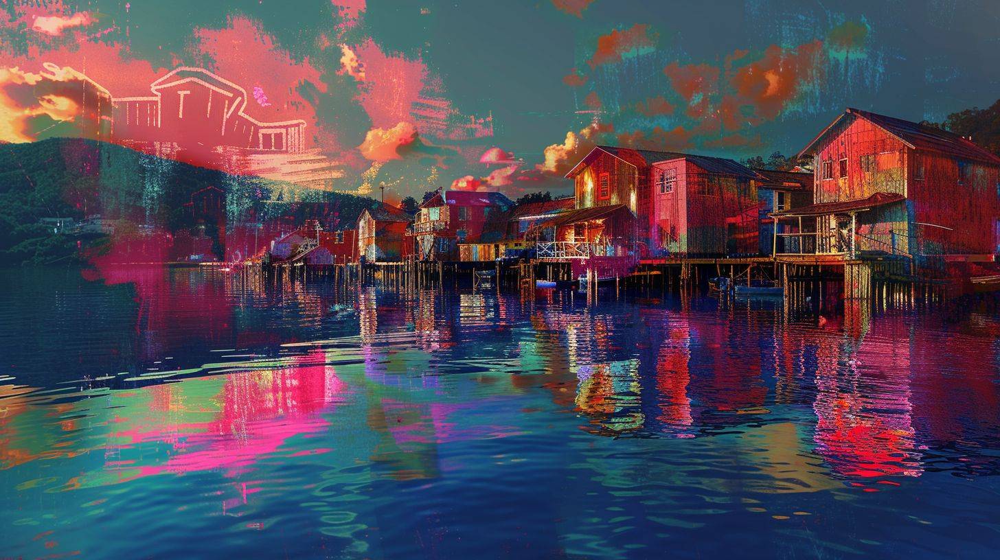 Sunrise at a colorful fishing village by the harbour, rustic afrofuturism, reflections, sgraffito, strong visual flow -- aspect ratio 16:9