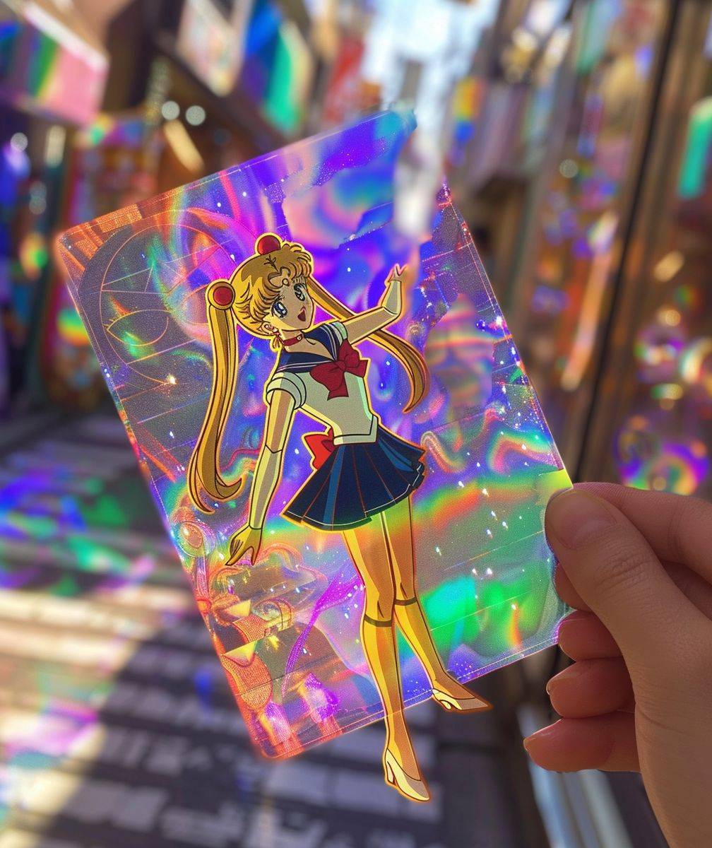 A beautiful manga drawing card features a girl in a magical background reminiscent of a 1986 anime TV show, in a nineties anime style, as if being held by a real hand.