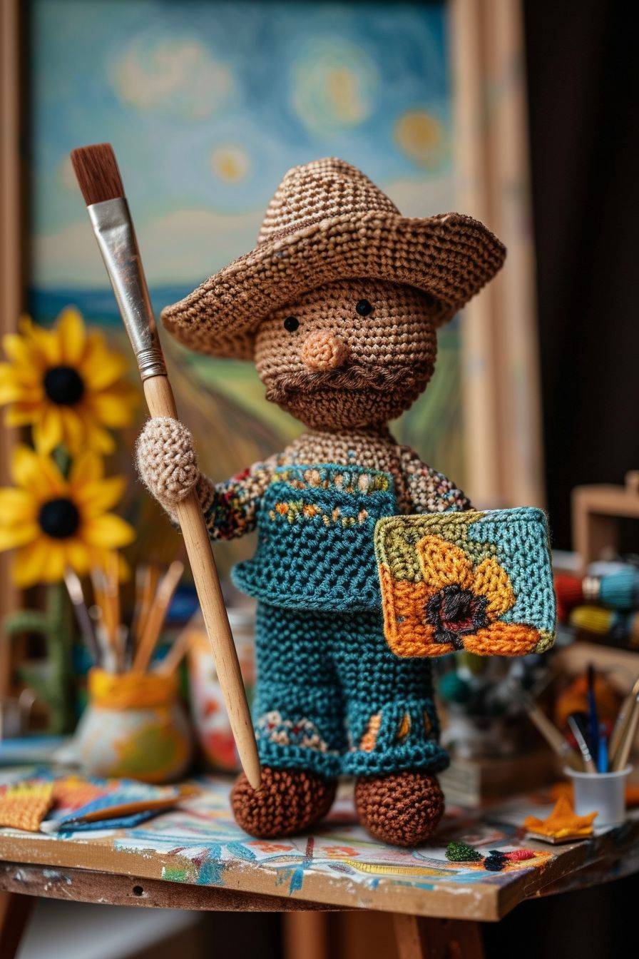 Create a crochet doll of Vincent Van Gogh holding a paintbrush in an art studio in a 2:3 aspect ratio in raw style