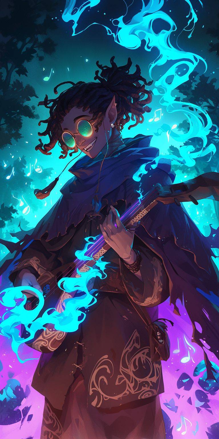 Half body anime DND character frontal portrait drawing of a smiling small short tanned skin happy hippie halfling hobbit bard guy with black dreadlocks and stubble and teal headscarf, standing and playing a lute while smoking an ancient wooden pipe, colorful teal purple blue swirling smoke around him, at night under starlight in the magical forest, wearing a teal poncho with brown swirl symbols, wearing green round sunglasses, happy stoned high expression, glowing musical notes floating in the air, clean outlines, lush green forest background