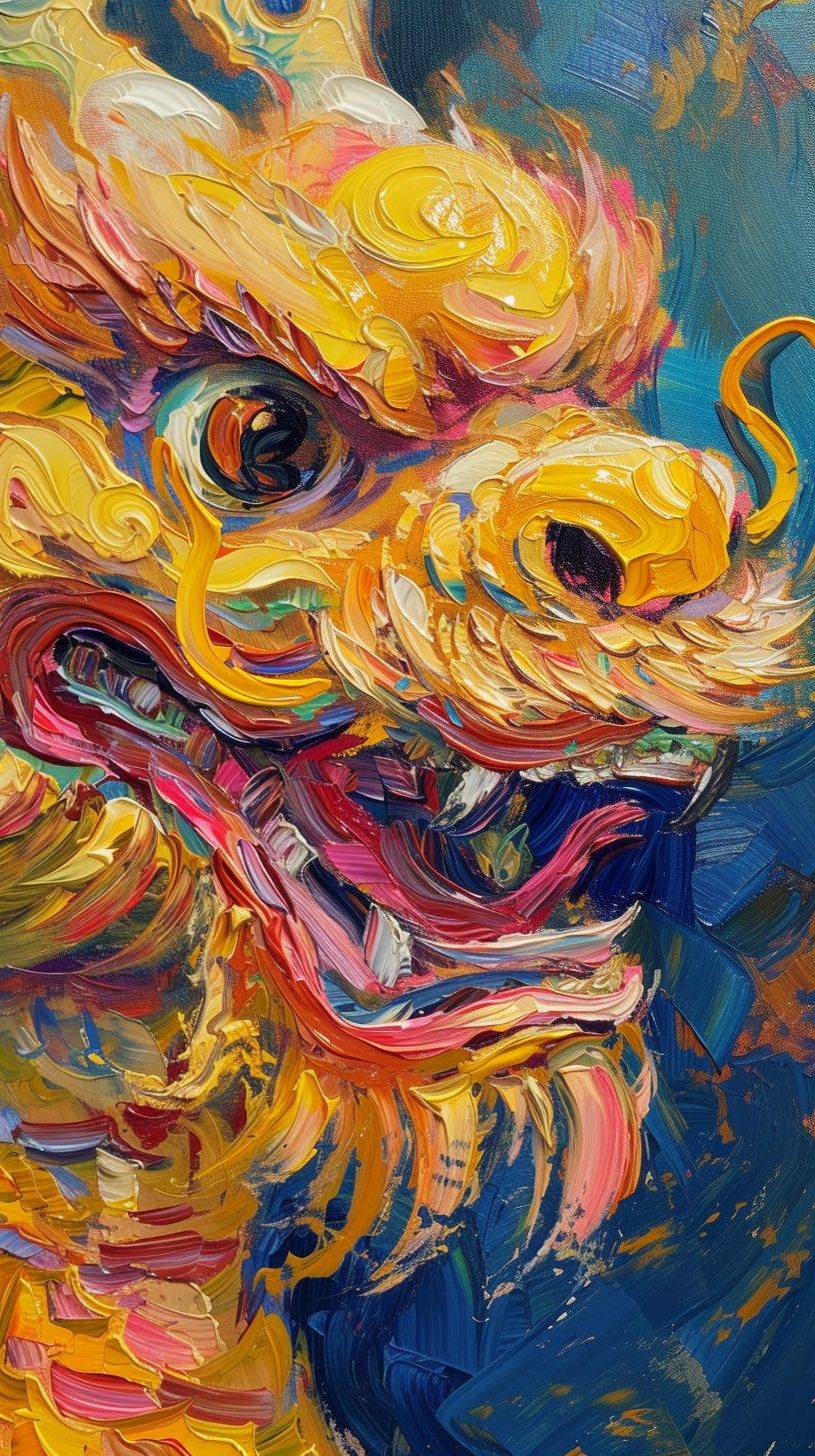 Chinese Spring Festival, Close-up of Chinese Dragon, yellow, Lifelike, Oil Painting Style, in the style of Erin Hanson