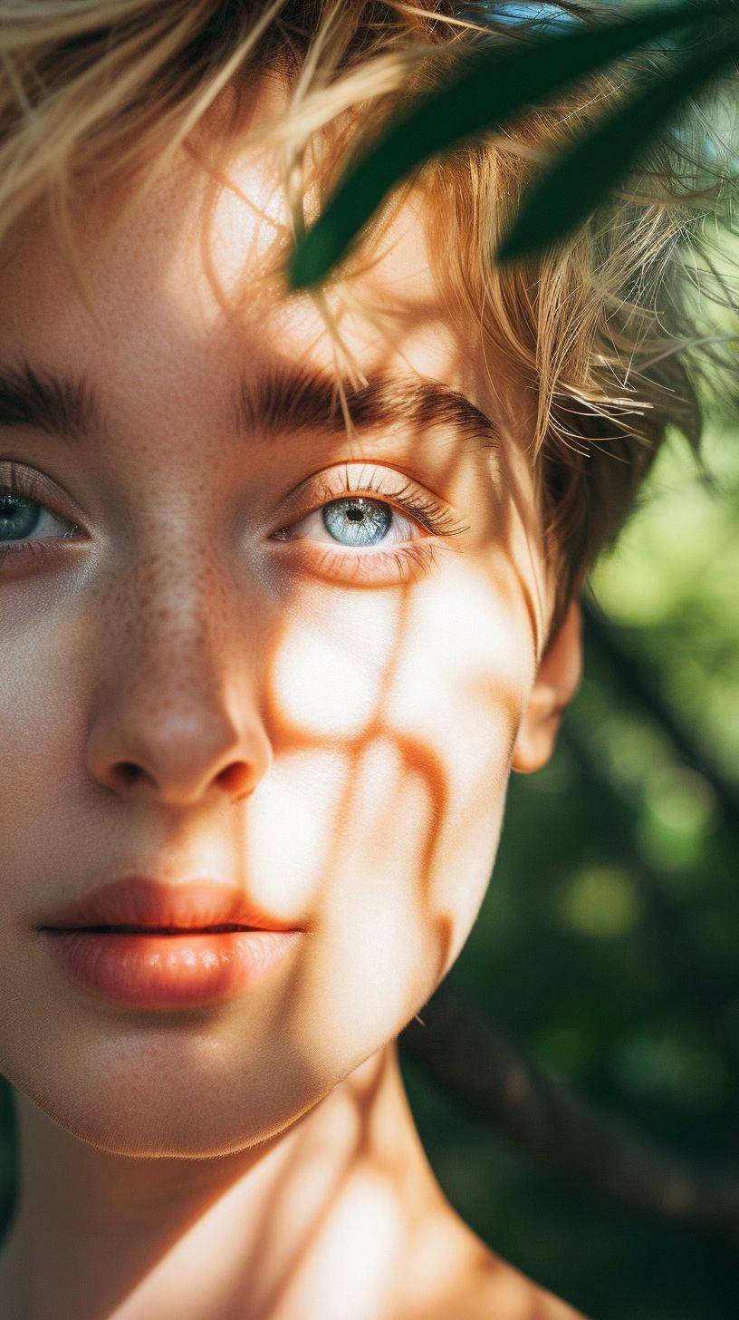 Extreme close-up shot portrait of a short blonde-haired woman, with rays of sunlight shining through the trees outside her window. Eliminate reflections and enhance the texture and color in her blue eyes for a raw, striking effect --ar 9:16 --v 6