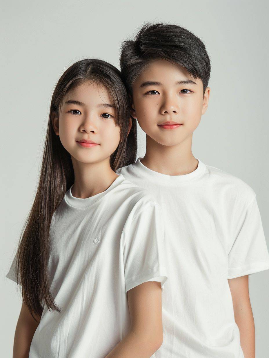 Advertising photography - a beautiful Asian boy and girl, wearing white t-shirts, skincare, bright, white background