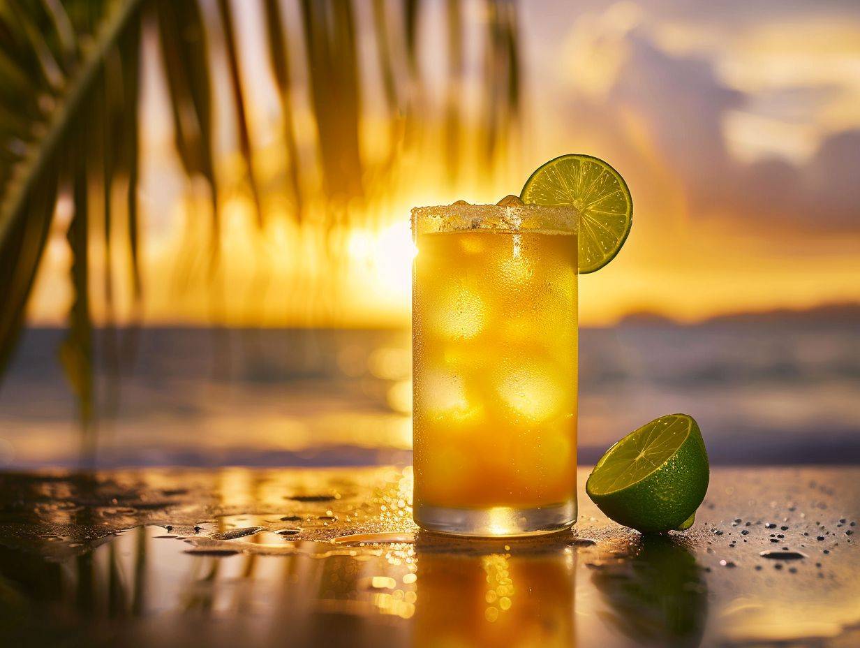Food Photography, A vibrant Ti' Punch cocktail, accented with freshly sliced lime and local sugarcane syrup, presented on a sleek, modern bar top. The backdrop of a sunset beach scene highlights the drink's island essence, captured with a shallow depth of field to emphasize the crisp detail of the lime's zest and the delicate sugar crystals --ar 4:3