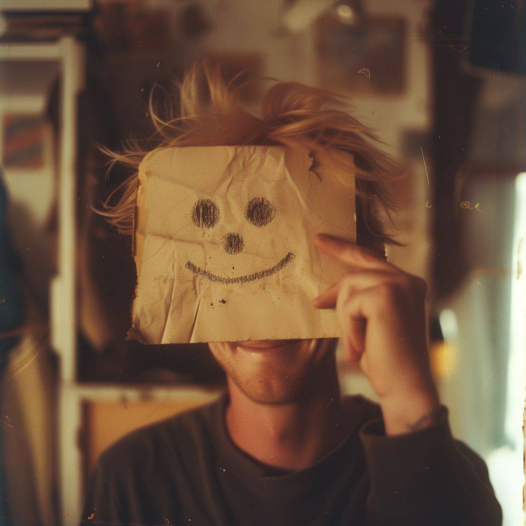 Blurry snapshot of a 35 year old handsome male model, messy blonde hair, covering face with a piece of paper with a smiley face drawn on it, 1980, disposable camera photo.