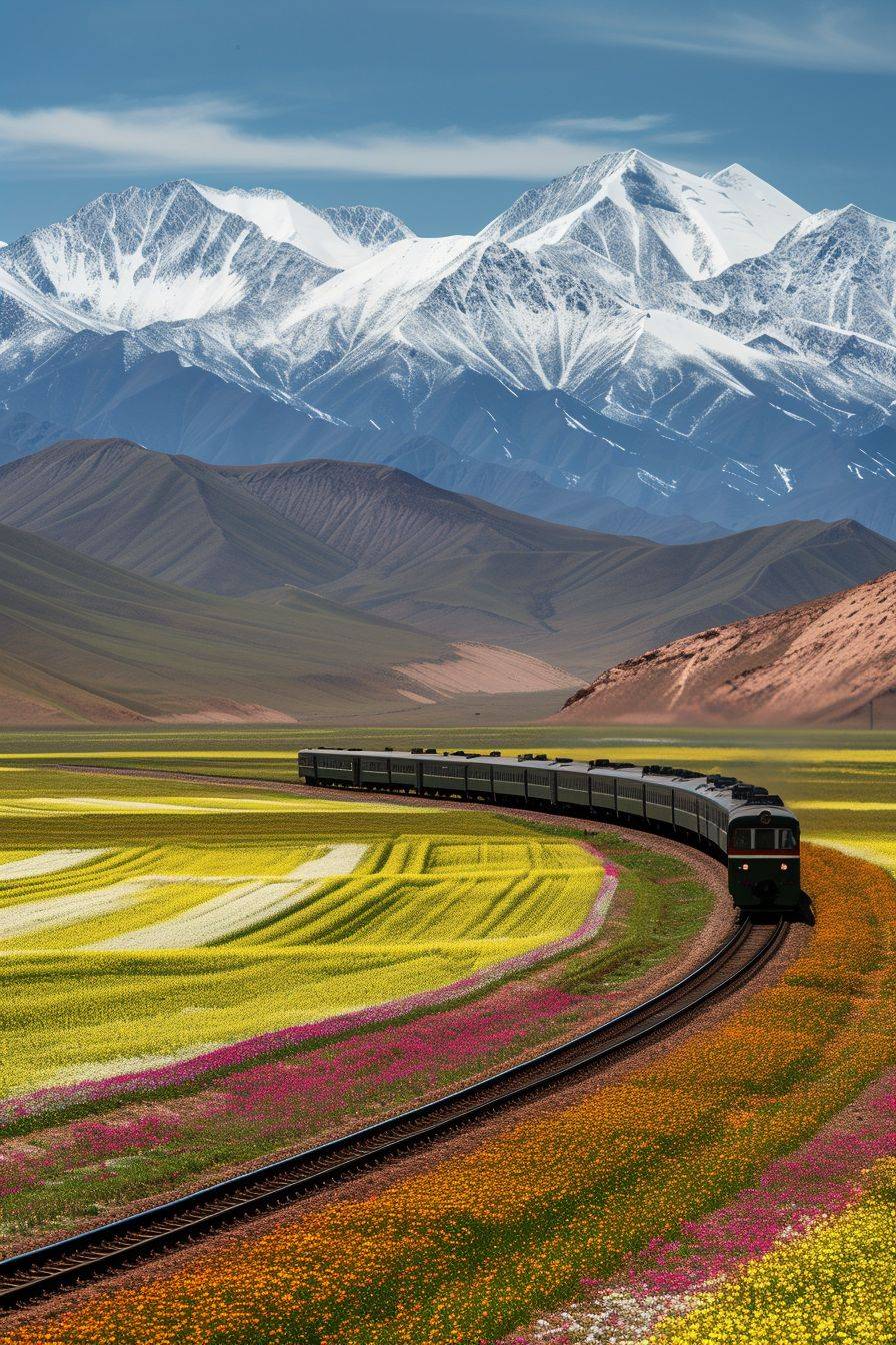 청하이 티베트 철도는 중국 기차로, 아름다운 눈이 덮인 산들이 멀리 보입니다. 봄에는 꽃이 필드에 피어 신선하고 로맨틱한 느낌을 연출합니다. 낮은 각도의 시야, 최고의 이미지 품질, 사진 촬영상—ar 2:3—v 6。