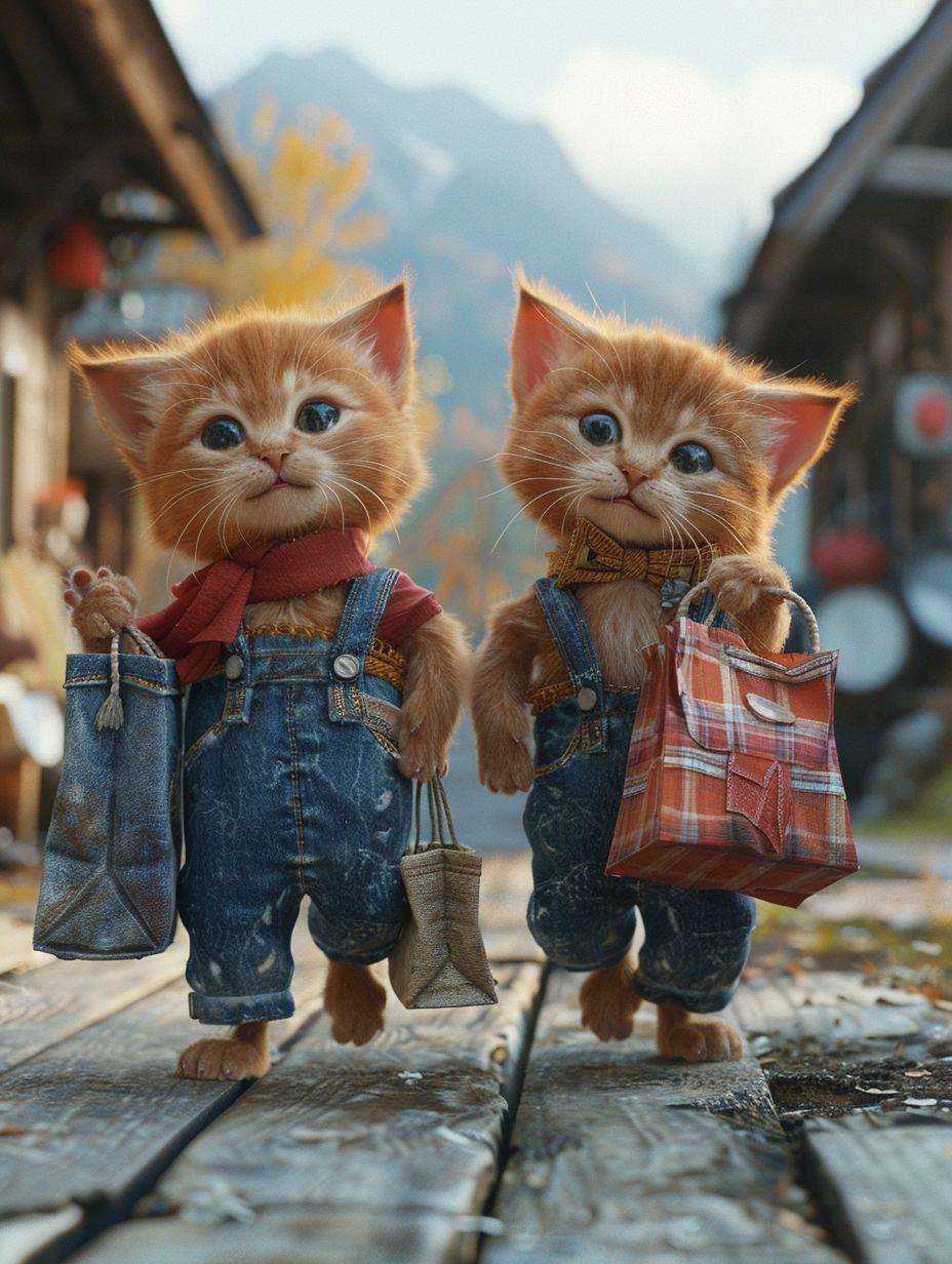 Two little orange cats in denim suspenders carrying shopping bags, IMAX style, street style realism, photo realistic technology, detailed costumes --style raw --ar 3:4 --stylize 250