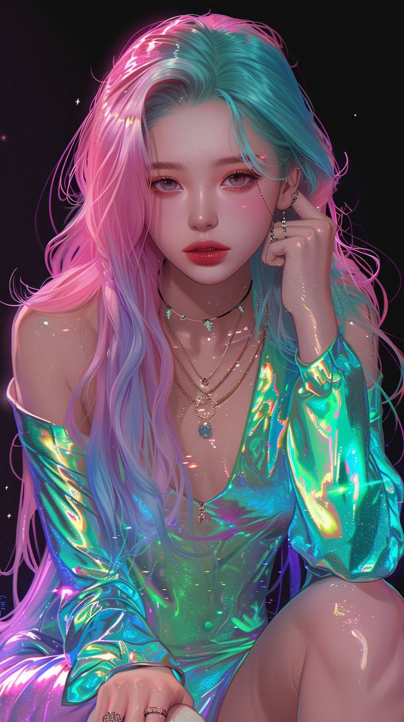 K-pop girl, wearing a chubby bodysuit, anime waifu, looking at viewer, highly detailed, Gel coat, reflections transparent iridescent colors, long transparent iridescent RGB hair, art by Serafleur from artstation, thick acrylic, illustration on pixiv, waist up portrait, gorgeous sacred girl, best quality, ultra detailed, sad, clever, beautiful face beautiful light on black background