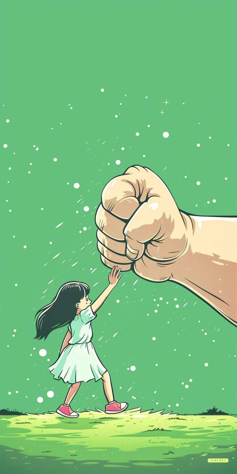 A little girl extends a fist and collides with a huge fist, line art, green backgroud, flat illustration, minimalism
