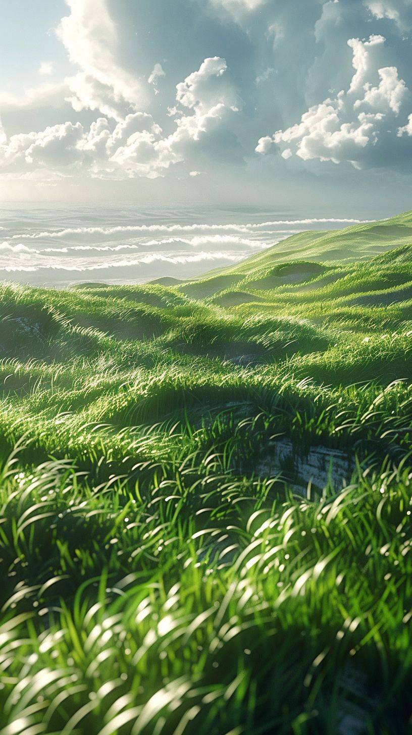 Realistic anime style, top view grassland, Tall green grass, the wind blows the grass into waves, rolling up and down, the endless sea of grass, Sunlight penetrates through the clouds, On the hillside by the sea,A patchwork of light and shadow,thick clouds, vivid,shadows,saturated,Bottom view,rendered in cinema4d,wide view,environment, vibrant, colourful, imaginative,full details,high definition image,photography,realistic,photorealistic,film photography,cinematic,highly detailed --ar 9:16 --stylize 250