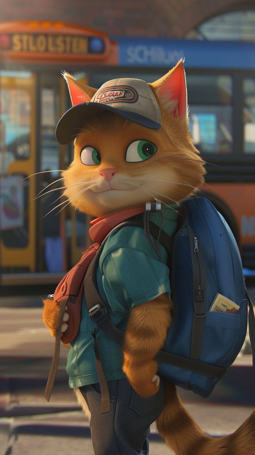 ウィリアムという名前のアニメーションキャットは、子供たちに安全にスクールバスに乗る方法を教えたいと思っています。彼はボールキャップを被り、青いバックパックを背負っています。
