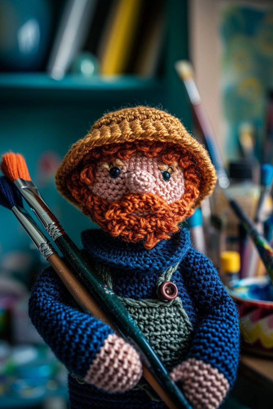 Create a crochet doll of Vincent Van Gogh holding a paintbrush in an art studio in a 2:3 aspect ratio in raw style