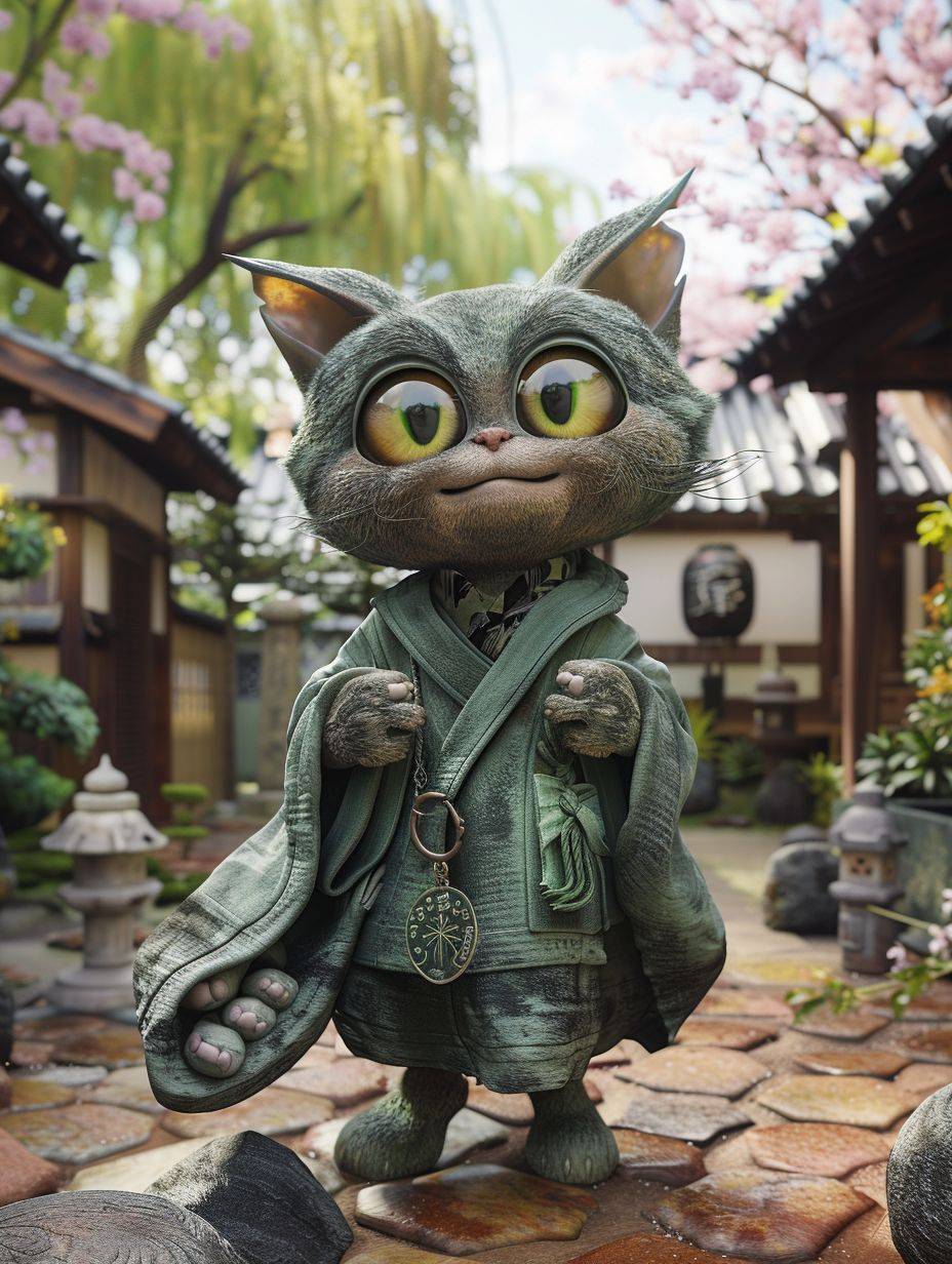 Image of an anthropomorphic Folded Ear Cat wearing a fashionable matcha-colored coat with adorable folded ear accessories. Using small paws to stroke its folded ears, smiling, with a Japanese-style courtyard with a small bridge under cherry blossom trees in the background, photo realistic, hyper-detailed, ultra detailed, 4k, 8k