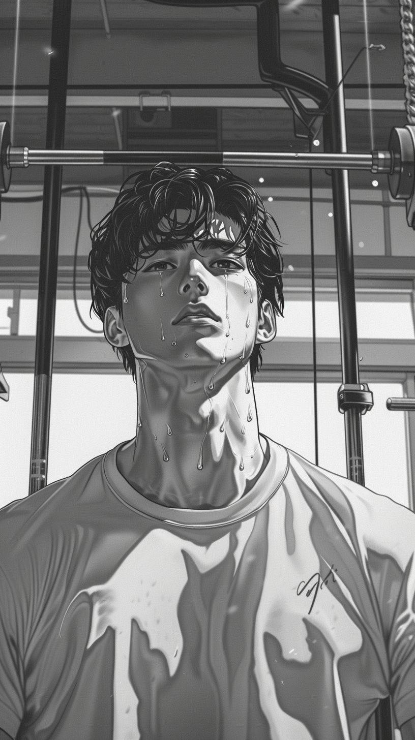 Create an image that captures the essence of 1990s anime style, featuring a slender male figure wearing an oversized white t-shirt. The scene is set in a gym where the man is visibly straining to lift weights on a bench press. His effort is highlighted by the detailed depiction of sweat on his skin, emphasizing the intensity of his workout. The artwork should be in black and white, mirroring the specific aesthetic of a genuine anime series from the 1990s. The composition should closely resemble a screenshot from an anime, with attention to the characteristic art style of the era, including the facial expressions, body language, and the gym environment around him.