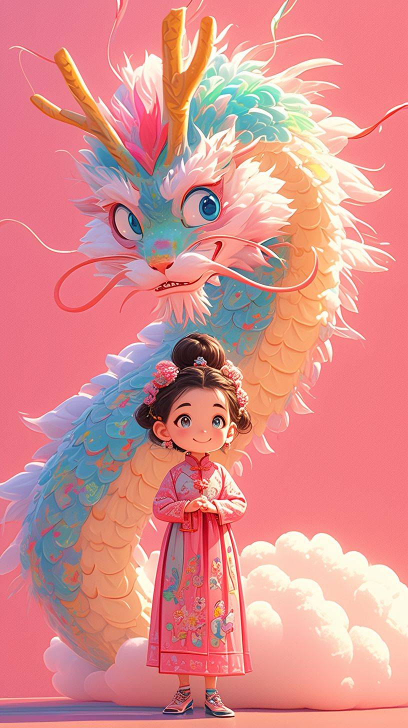 Pixar animation style, Chinese New Year, pink background, made of marshmallow material, a big blue and pink Chinese dragon with a big smile, its tail is like a cloud, it has a colorful cloud on its head, standing next to it is a super cute little girl wearing traditional Chinese clothing, strong light effect