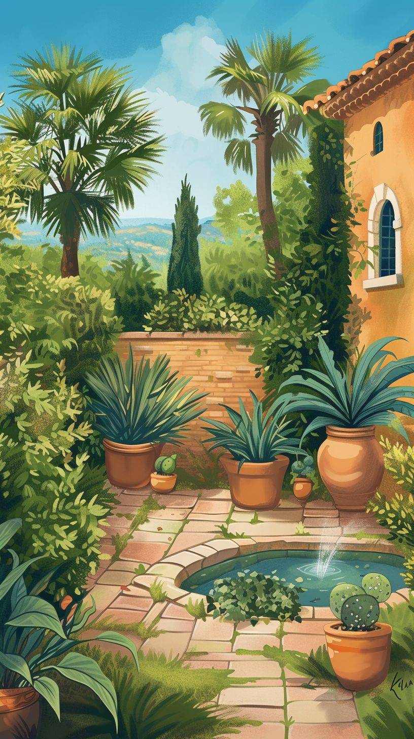 植物が茂るオリーブやいちじくの木、水のある特徴的な地中海庭園を描いた本の表紙イラストで、夢幻的な雰囲気を持たせています。