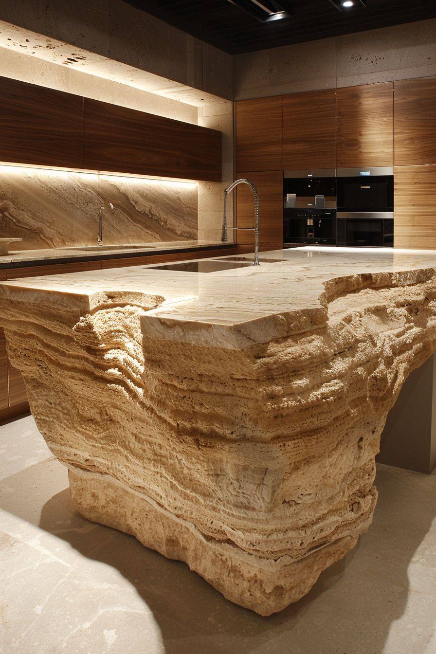 kitchen island made of travertine marble, hyper realistic