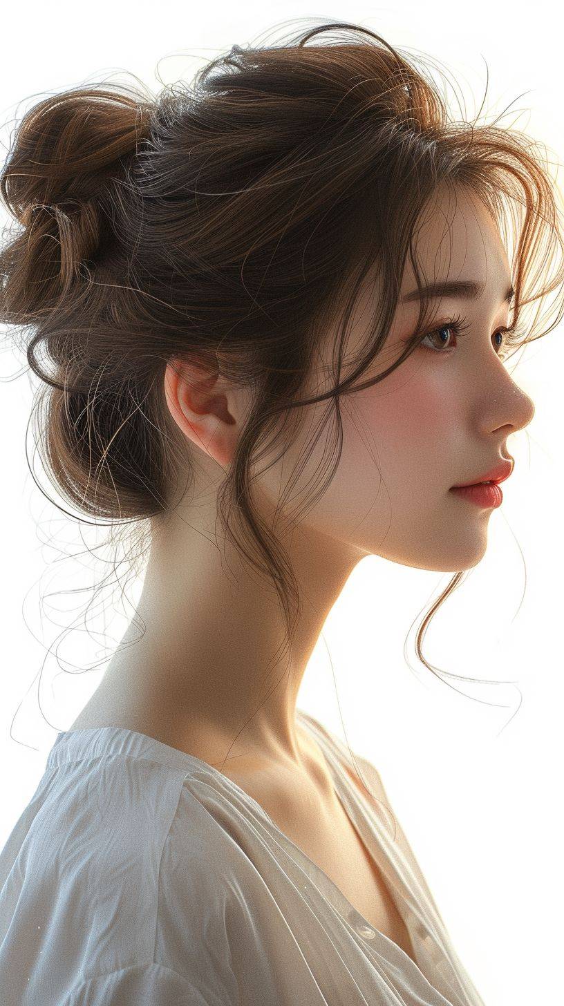 A cute Chinese woman, salon model, with a bun hairstyle, brown hair color, looking slightly diagonally, against a white background, with a light shining on her.