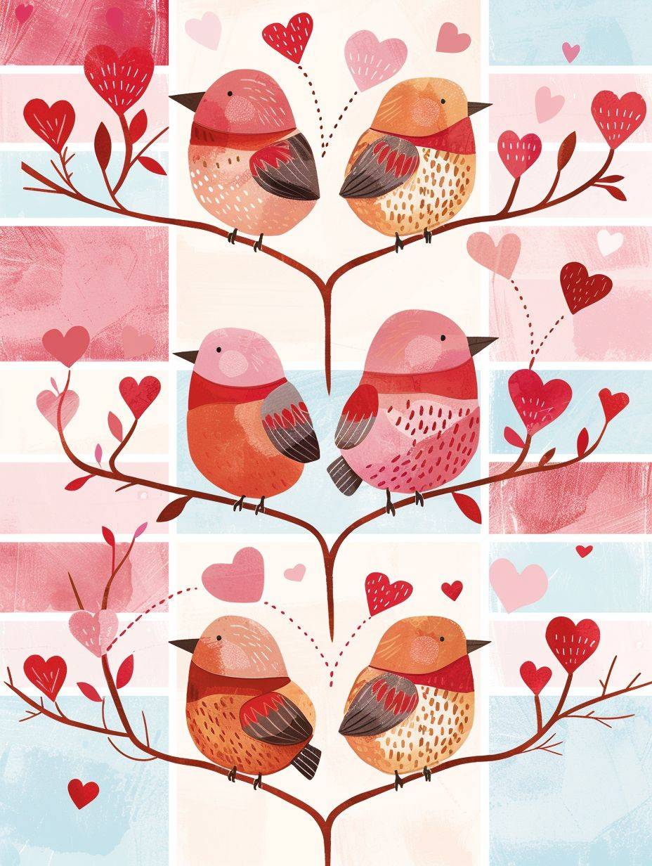 A grid of cute, funny, sweet Valentine's Day cards for elementary school, no text, Sparrows style, aspect ratio 3:4, 6 cards