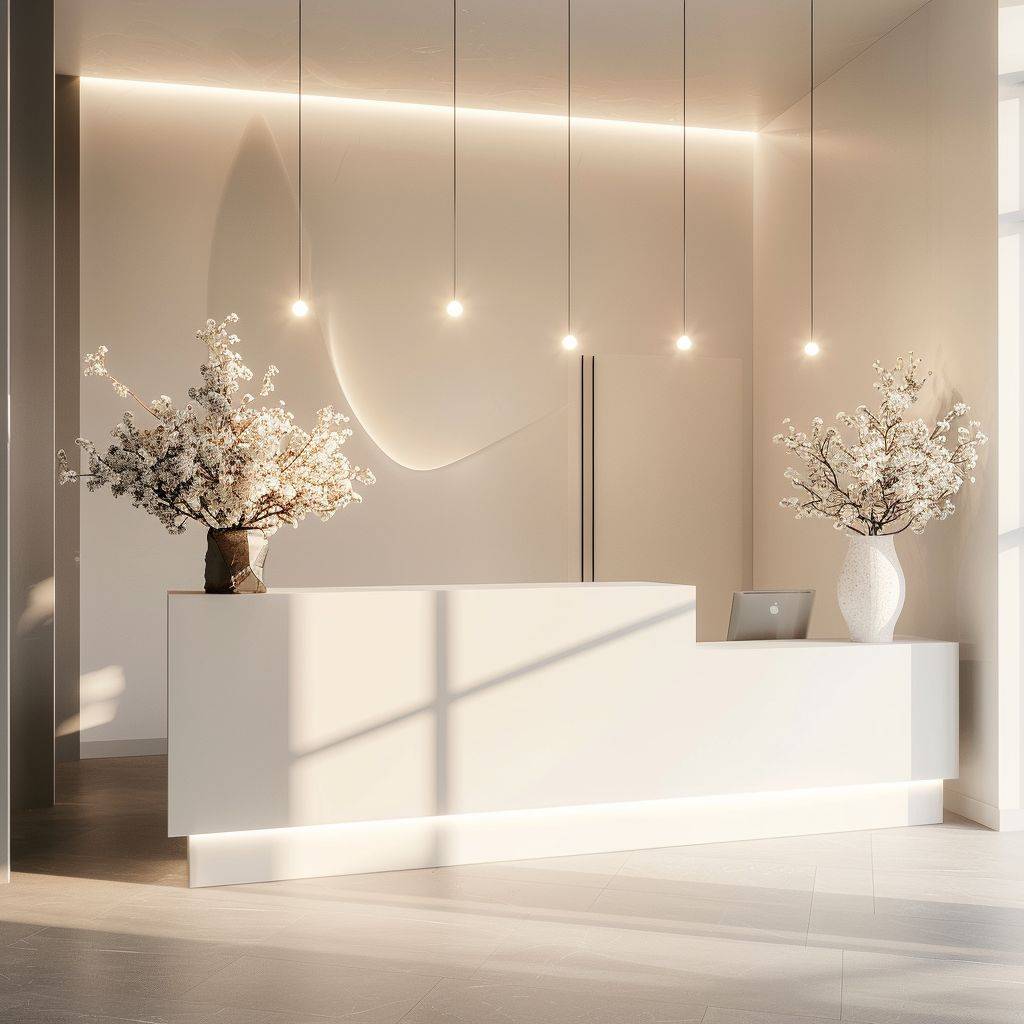 Modern reception desk with a clean, white finish, brightened by a sleek and minimalist design, and lit up by natural sunlight with a Canon EOS-1D X Mark III adding to the brightness of the scene.