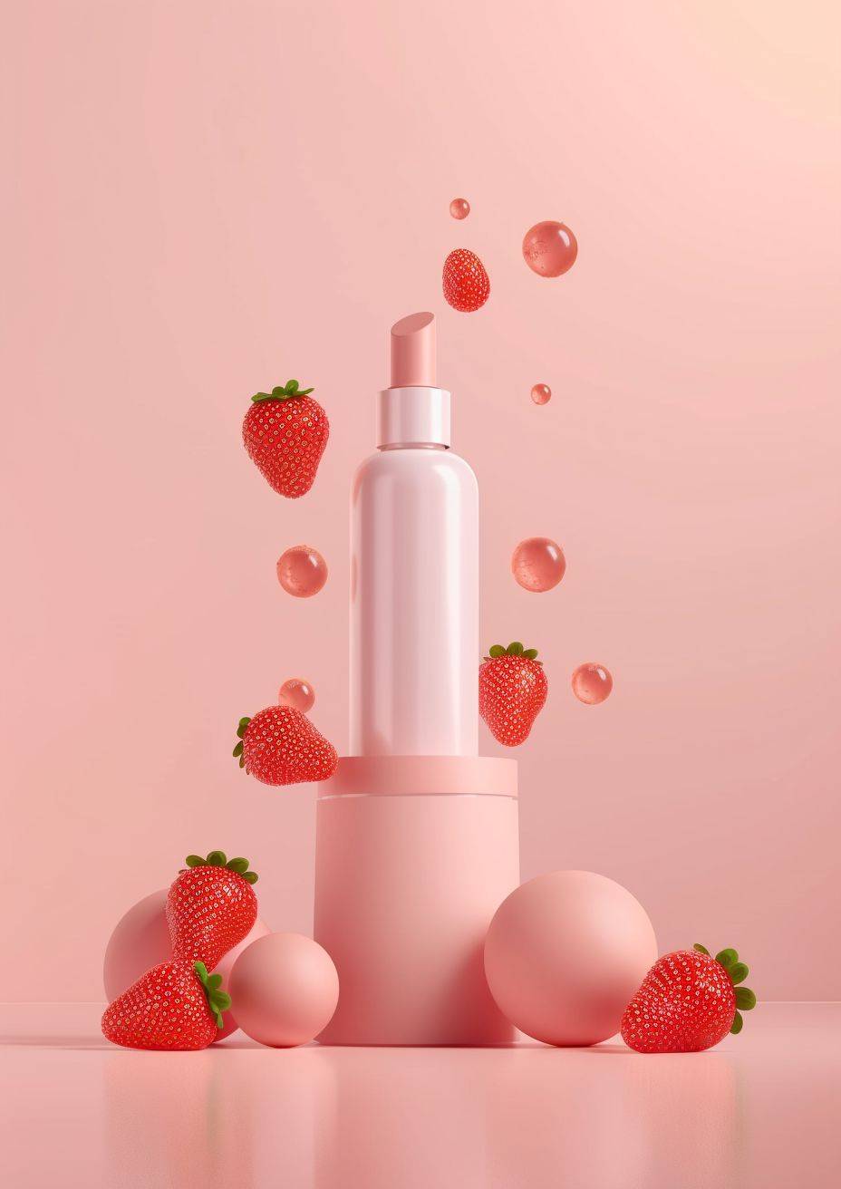 Bottle of cosmetics high end poster background light pink gradient colour background, strawberry, C4D render HD 12K.