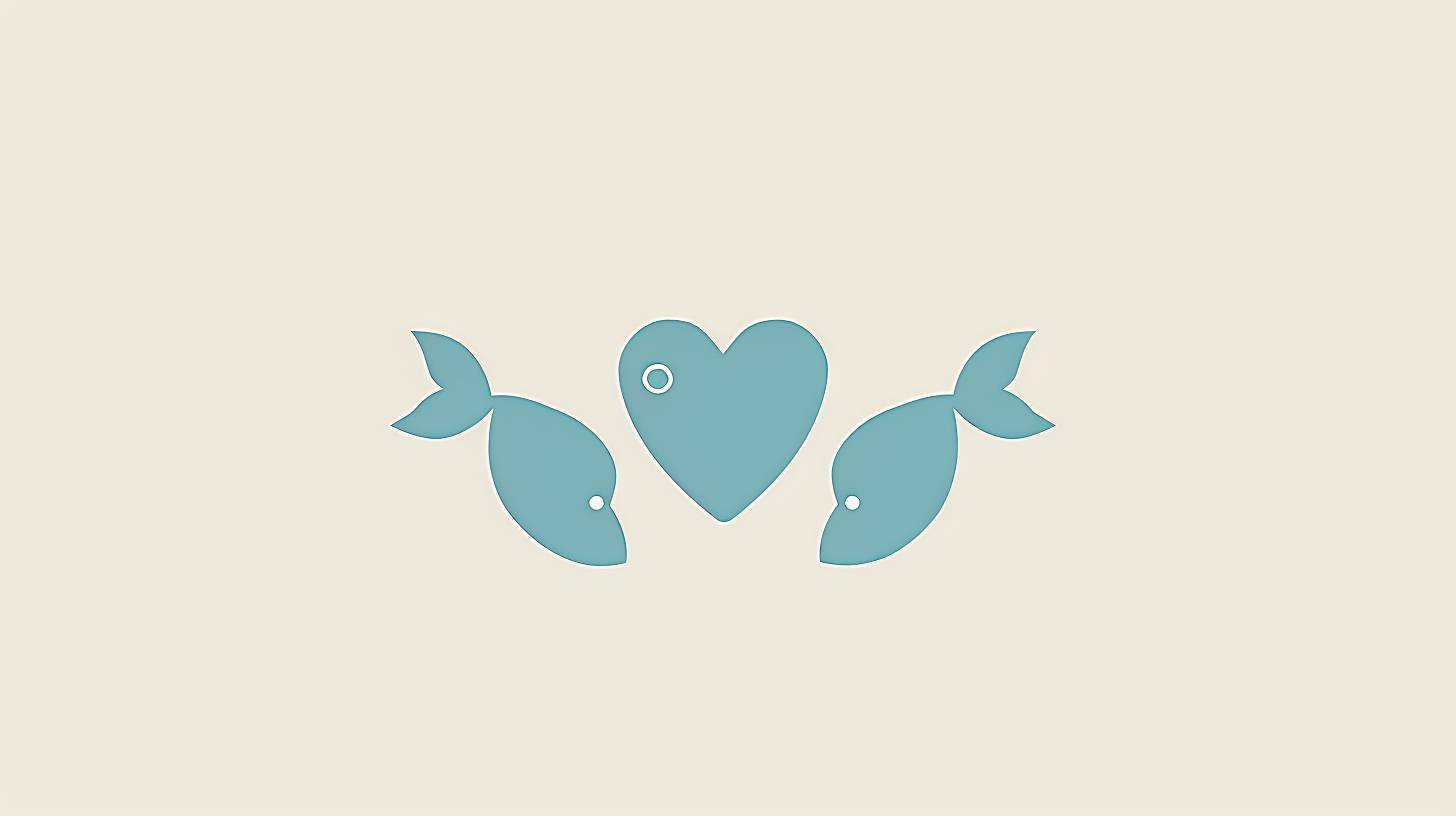 A minimalist representation of a fish using only three heart shapes to form the body, tail, and fin of the fish. The image should include a simple dot for an eye. The hearts should be in a calming blue color set against a clean white background, creating a stylized and abstract depiction of a fish --ar 16:9