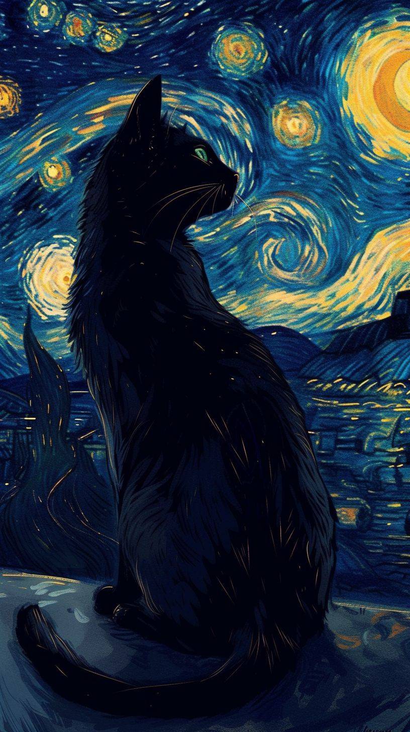 Black cat at starry night, in the style of flat shading, 2D, Disney animation, Magewave, album covers, dynamic impressionism