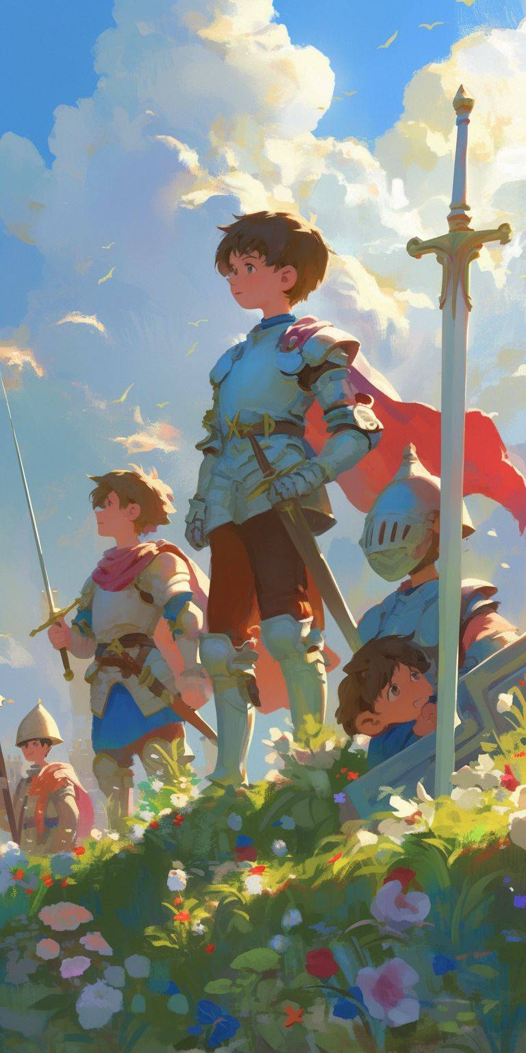 A little boy playing knight with his friends, in the style of figurative art with a dreamy quality, cute and dreamy, precise brushwork, charming characters