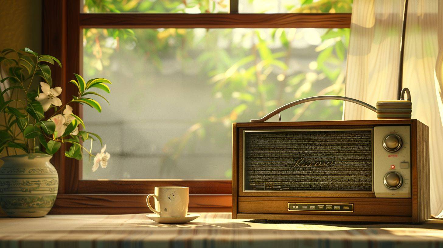 Close-up of vintage radio, Japanese house, beautiful day, window, morning, cozy room, table, a coffee cup, digital painting, anime background