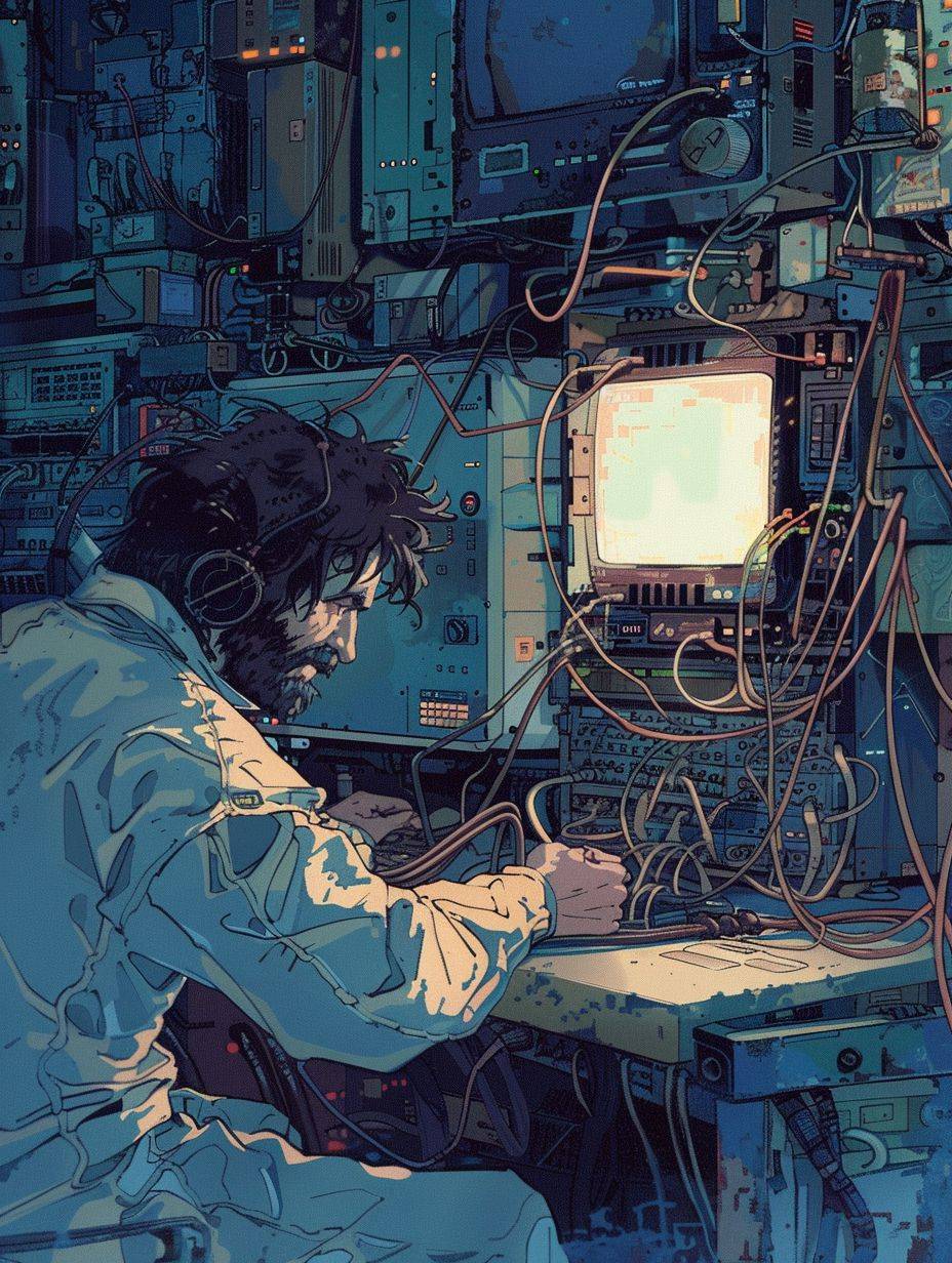 Alexander Graham Bell fixing computers, repairing computers, anime, retro anime, 1980s anime, 1990s anime, ghost in the shell, serial experiments lain, 4k, rule of thirds, extreme detail, detailed drawing, trending artstation, hd, sharp focus, backlit, symmetrical features, film grain