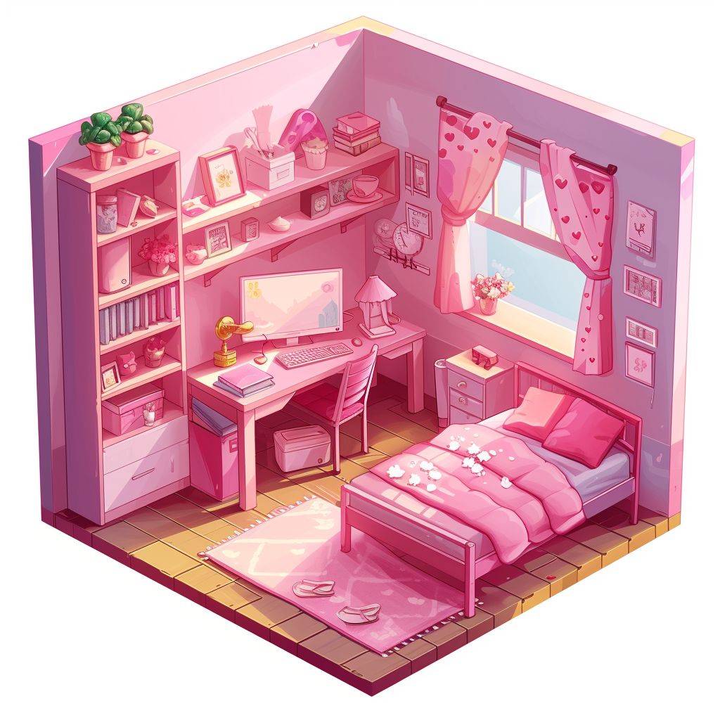 女の子のピンクの部屋、32ビット等角図